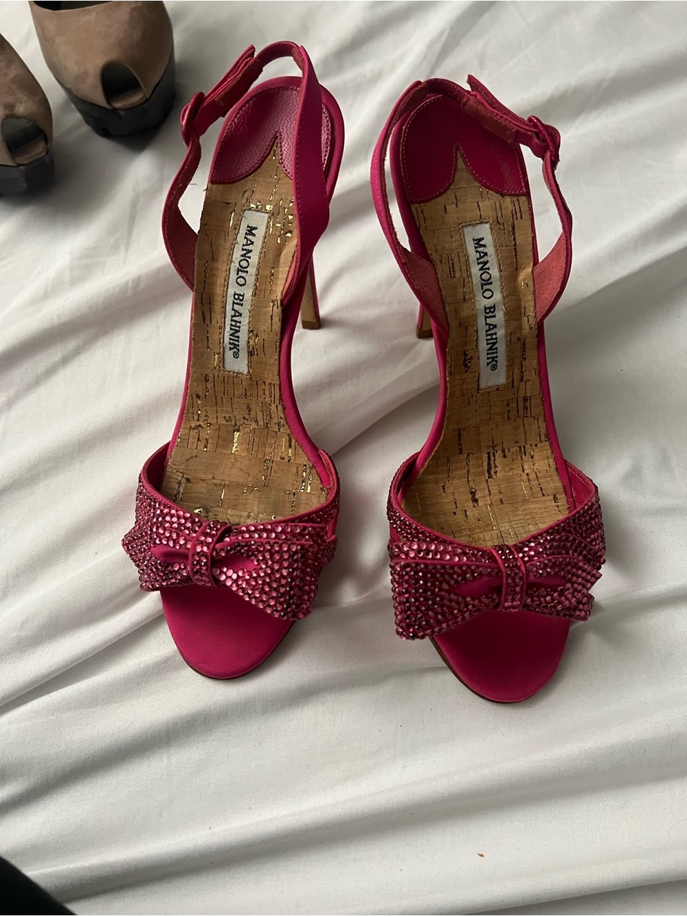 Manolo Blahnik Fuchsia Crystal Bow Slingback Heels